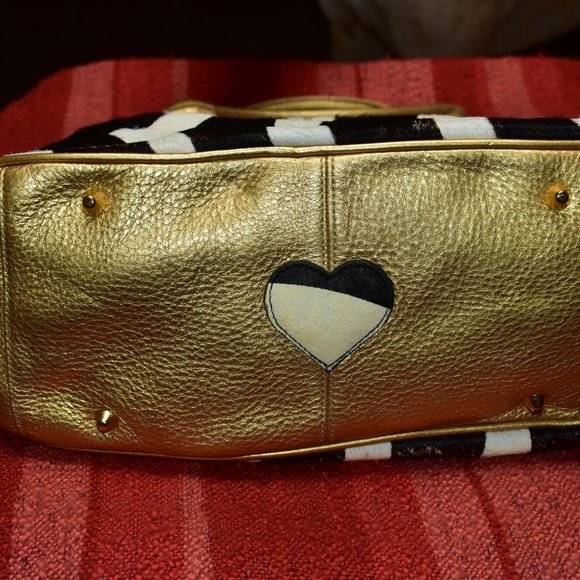 NOT FOR SALE- BEVERLY FELDMAN GOLD AND ZEBRA PRINT CALF HAIR LEATHER BAG - Picture 2 of 14